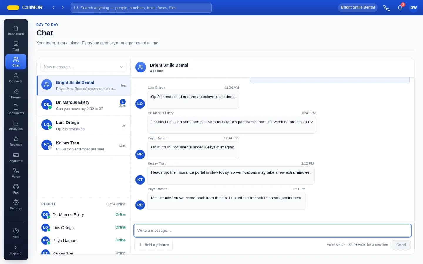 Team chat in the CallMOR app, with a team room conversation open