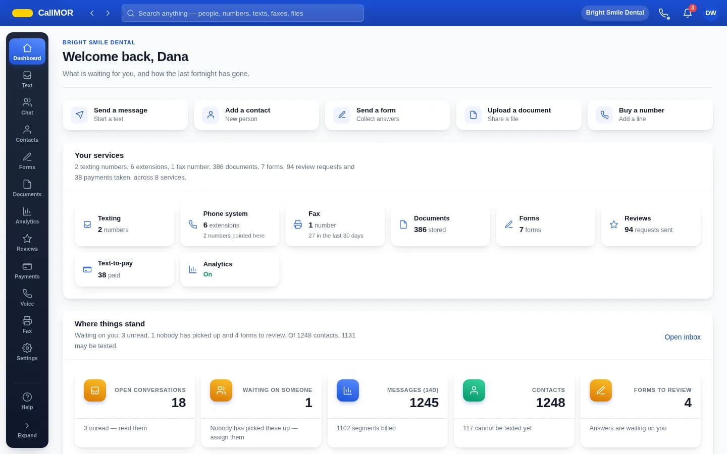 The CallMOR platform dashboard: services, inbox and activity for one company