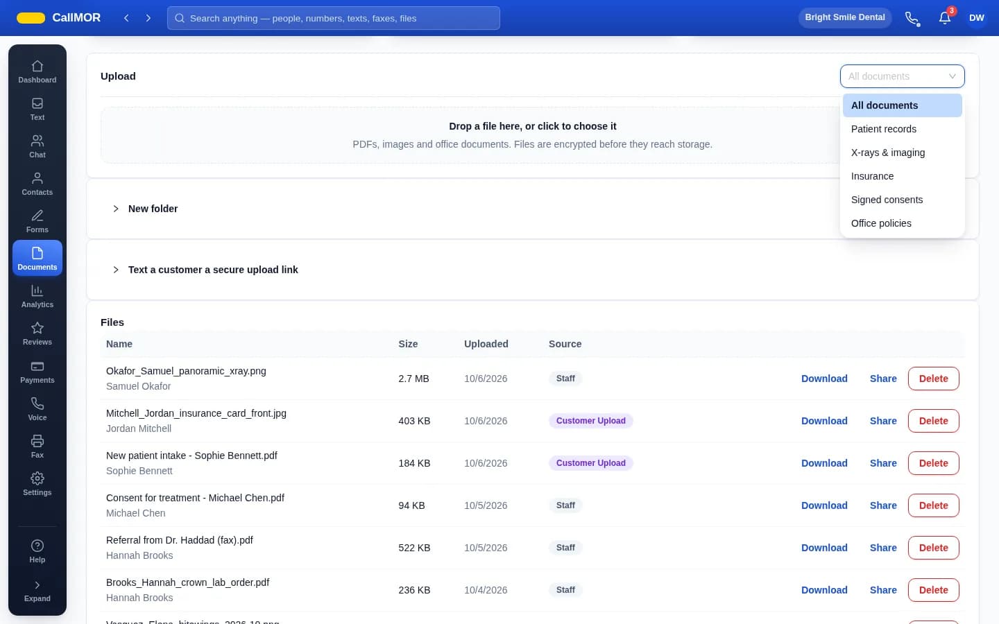 The documents page in the CallMOR app, showing folders and a list of stored files