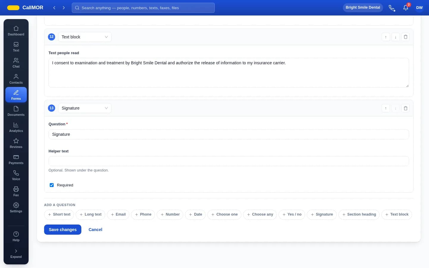 The form builder in the CallMOR app, with a form's questions being arranged and edited
