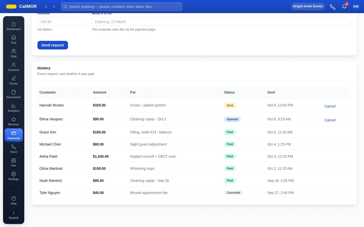 The payments page in the CallMOR app, listing payment requests with their amounts and status