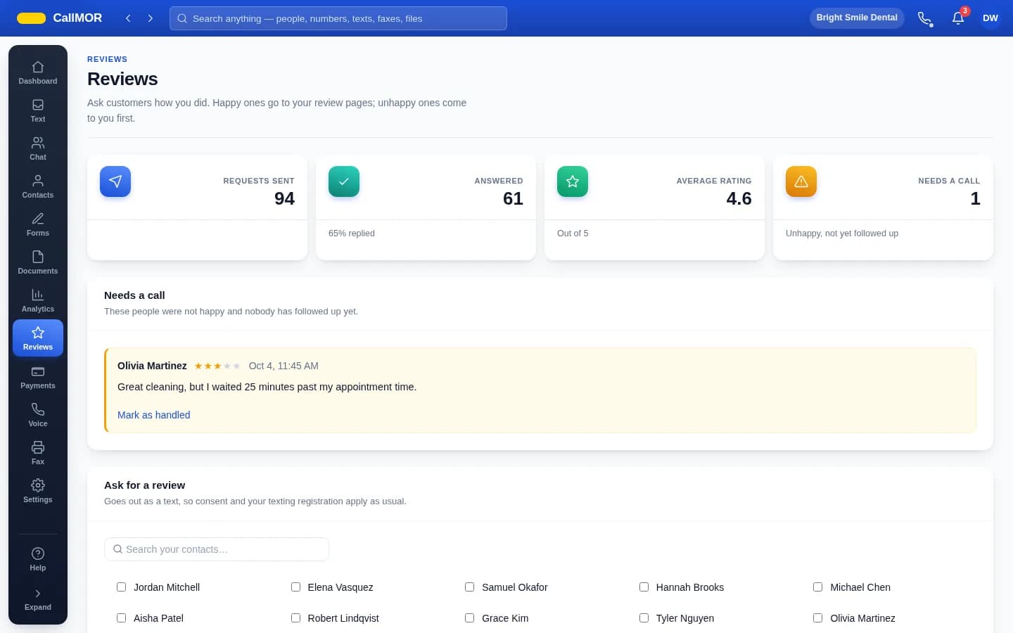 The reviews page in the CallMOR app, showing review requests and the ratings that came back