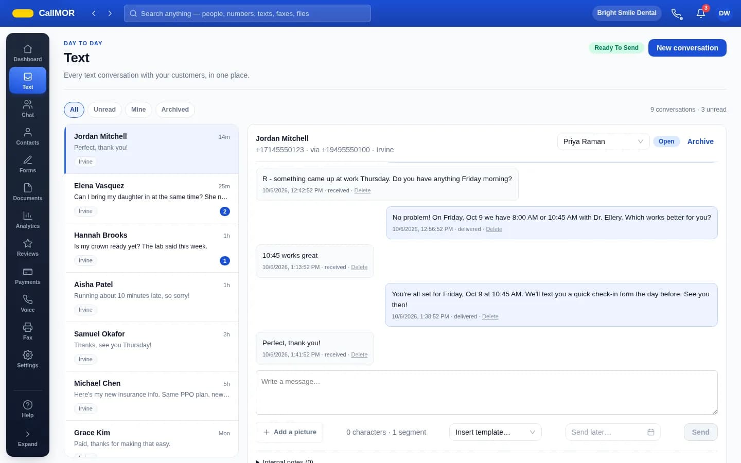 The shared texting inbox in the CallMOR app, with a list of customer conversations and an open message thread