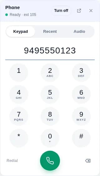 The browser phone's dial pad undocked and floating over the CallMOR app